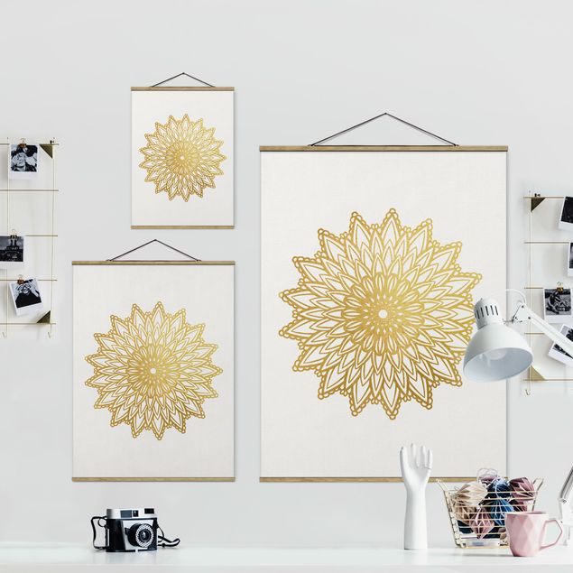 Fabric print with posters hangers Mandala Sun Illustration White Gold