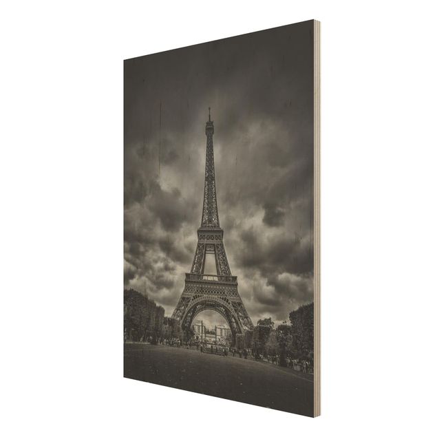 Wood prints Eiffel Tower In Front Of Clouds In Black And White