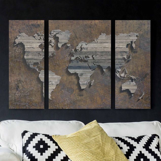 Framed world map Wooden Grid World Map