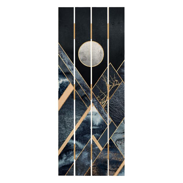 Wood prints Golden Moon Abstract Black Mountains