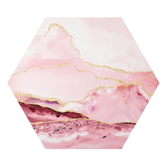 Contemporary art prints Abstract Mountains Pink With Golden Lines