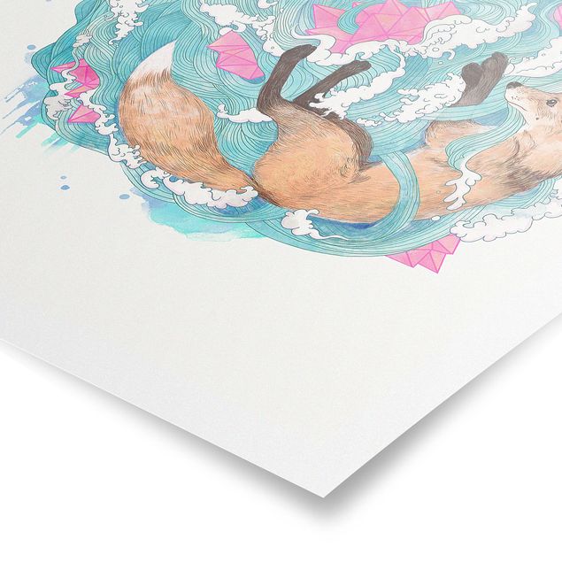 Turquoise canvas wall art Illustration Foxes And Waves Painting