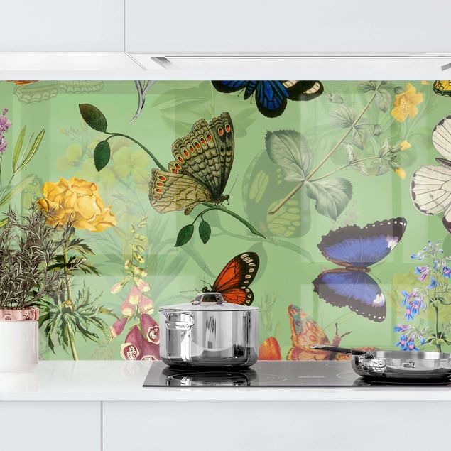 Kitchen Butterflies With Flowers On Green
