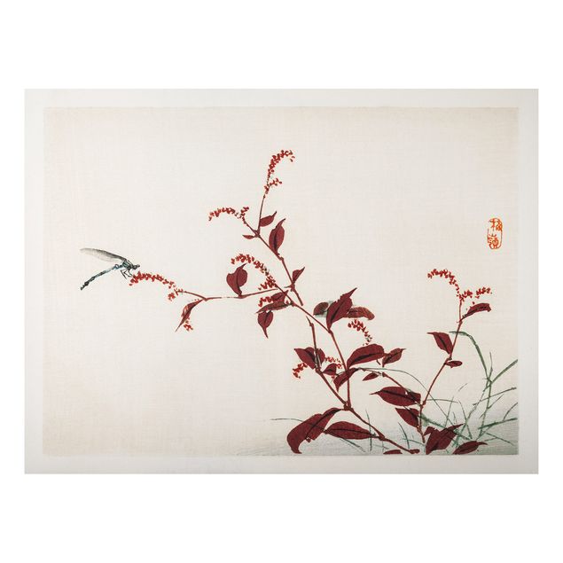 Vintage wall art Asian Vintage Drawing Red Branch With Dragonfly