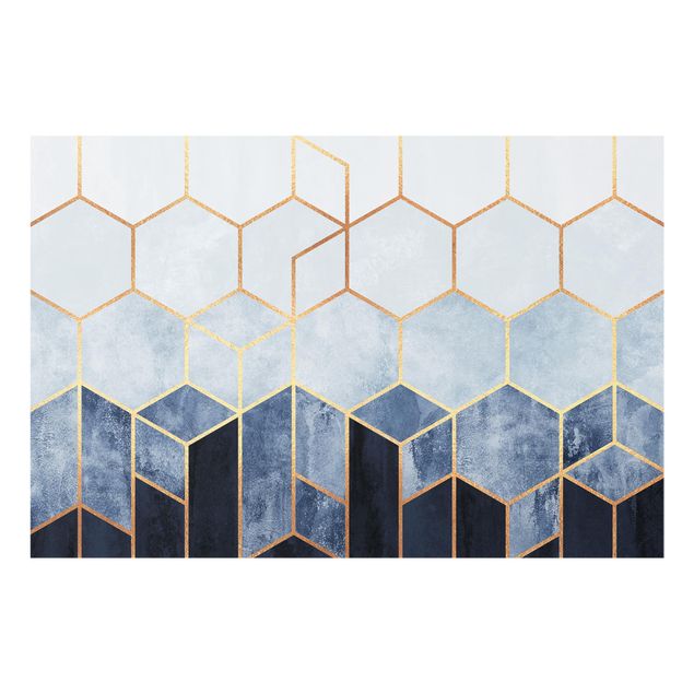 Glass splashback kitchen abstract Golden Hexagons Blue White