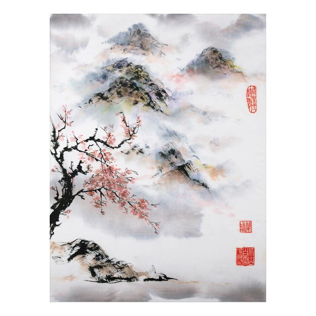 Prints landscape Japanese Watercolour Drawing Cherry Tree And Mountains