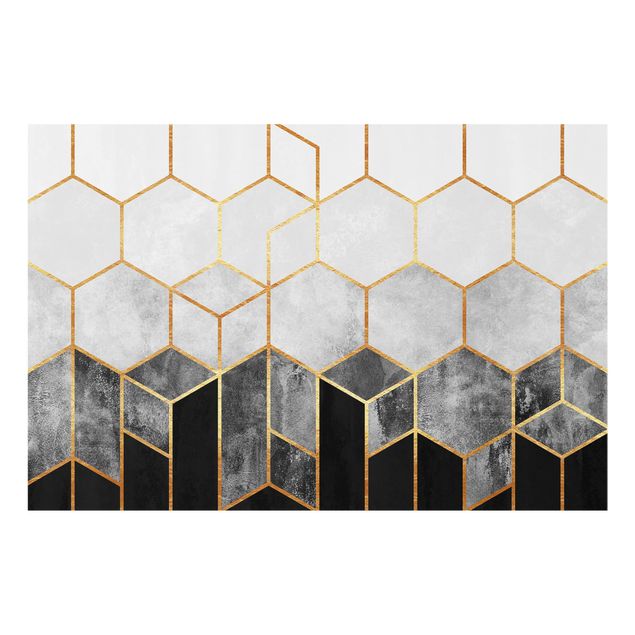 Glass splashback kitchen abstract Golden Hexagons Black And White