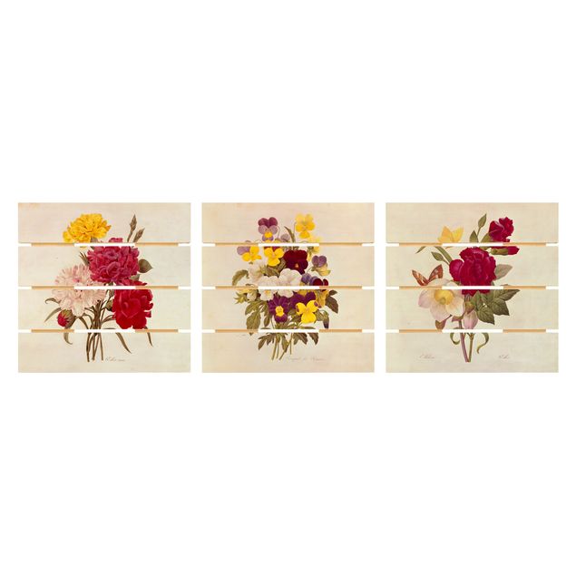 Vintage wood prints Pierre Joseph Redouté - Roses Cloves Pansies