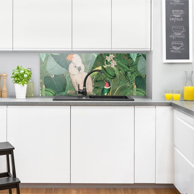 Glass splashback kitchen flower Vintage Collage - Cockatoo And Hummingbird
