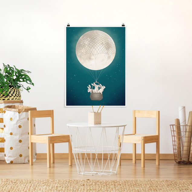 Posters art print Illustration Rabbits Moon As Hot-Air Balloon Starry Sky