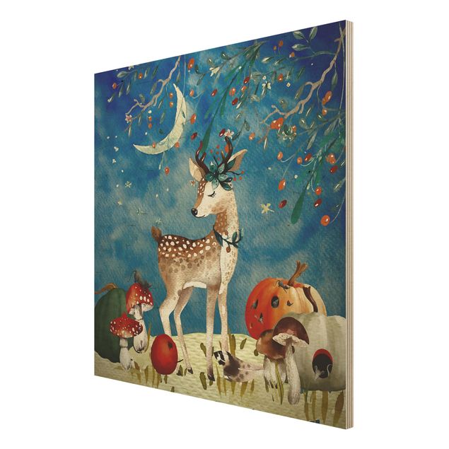 Prints Watercolour Deer In Moonlight