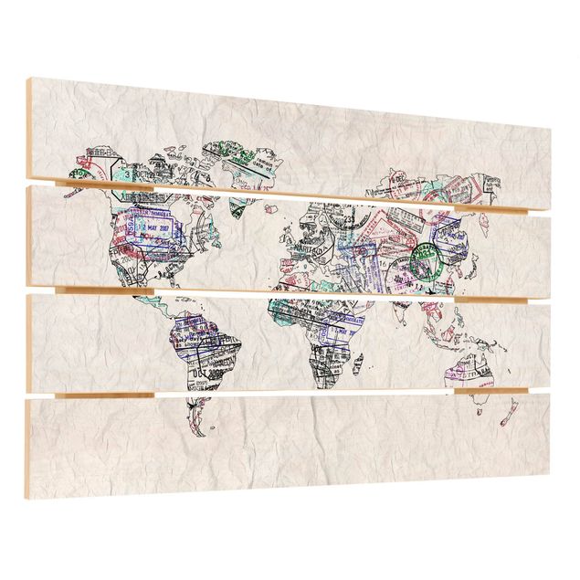 Print on wood - Passport Stamp World Map