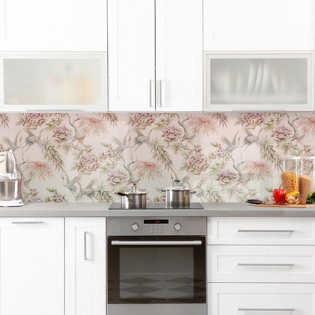 Kitchen splashback animals Watercolour Birds With Large Flowers In Ombre