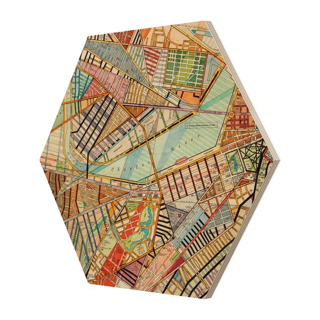 Wooden hexagon - Modern Map Of Boston