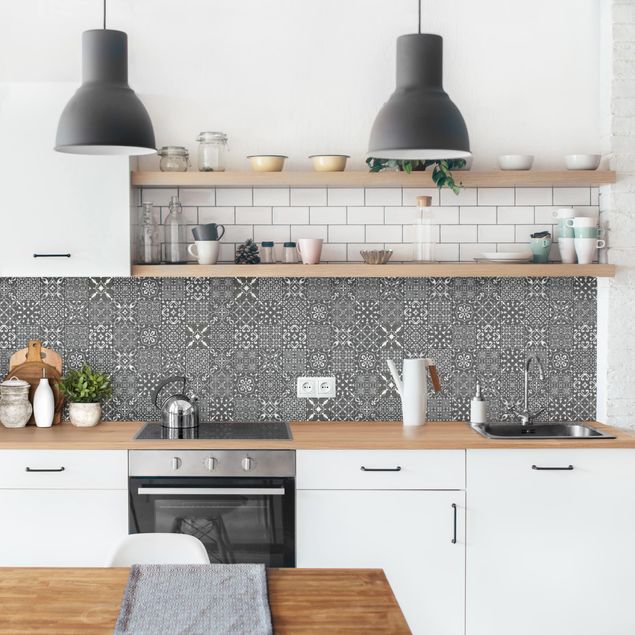 Kitchen splashback tiles Patterned Tiles Dark Gray White