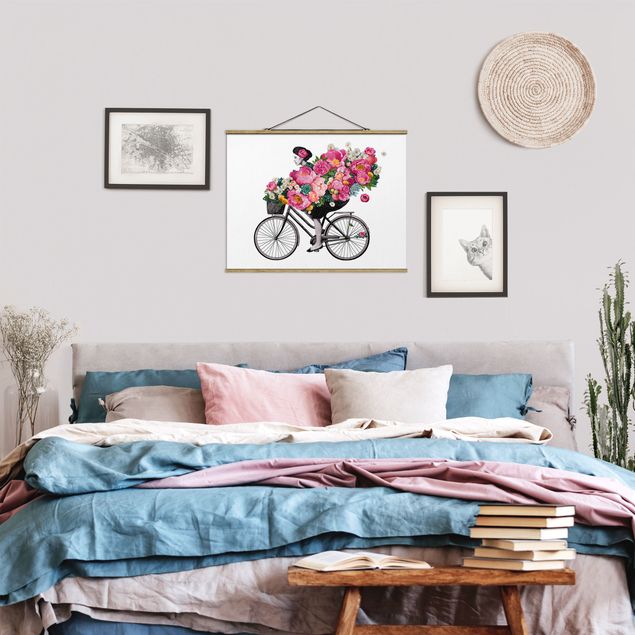 Art prints Illustration Woman On Bicycle Collage Colourful Flowers