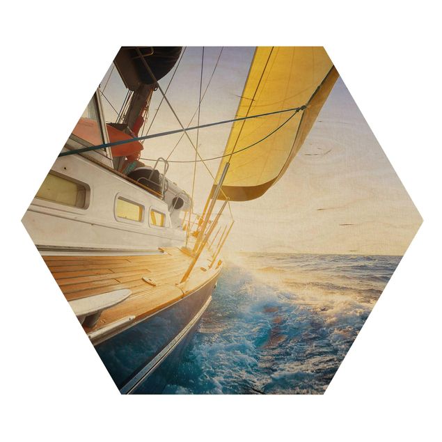 Wood prints Sailboat On Blue Ocean In Sunshine