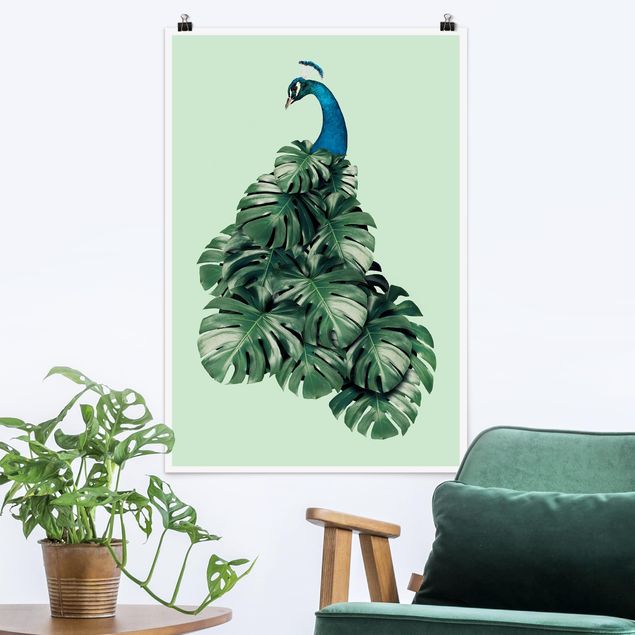 Kitchen Peacock With Monstera Leaves
