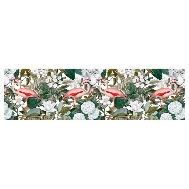 Kitchen splashbacks Pink Flamingos With Leaves And White Flowers