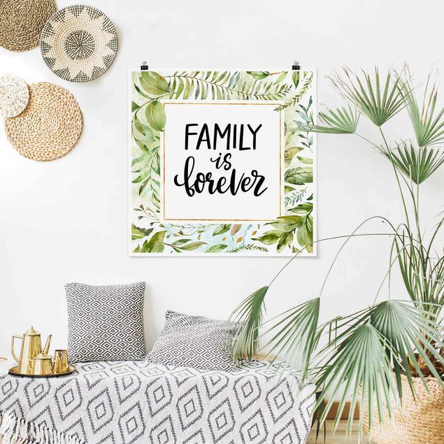 Quote wall art Famiy Is Forever In Golden Frame With Palm Fronds