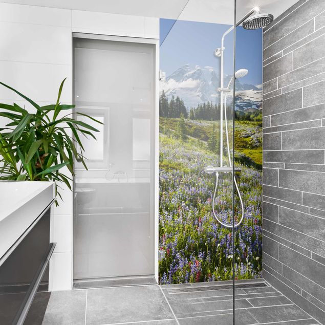 Shower wall panels Mountain Meadow With Blue Flowers in Front of Mt. Rainier