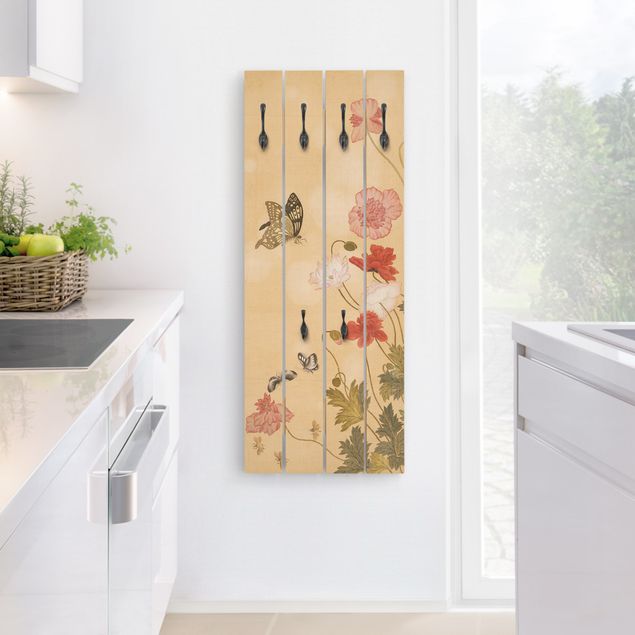 Wall mounted coat rack flower Yuanyu Ma - Poppy Flower And Butterfly
