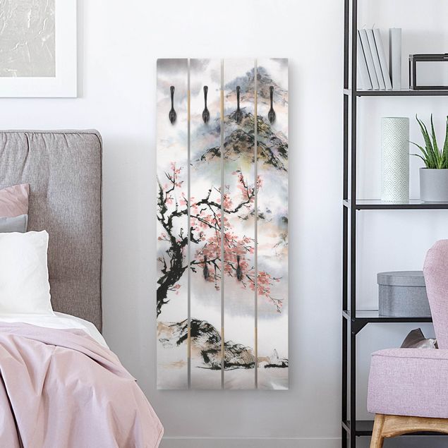 Wall mounted coat rack flower Japanese Watercolour Drawing Cherry Tree And Mountains