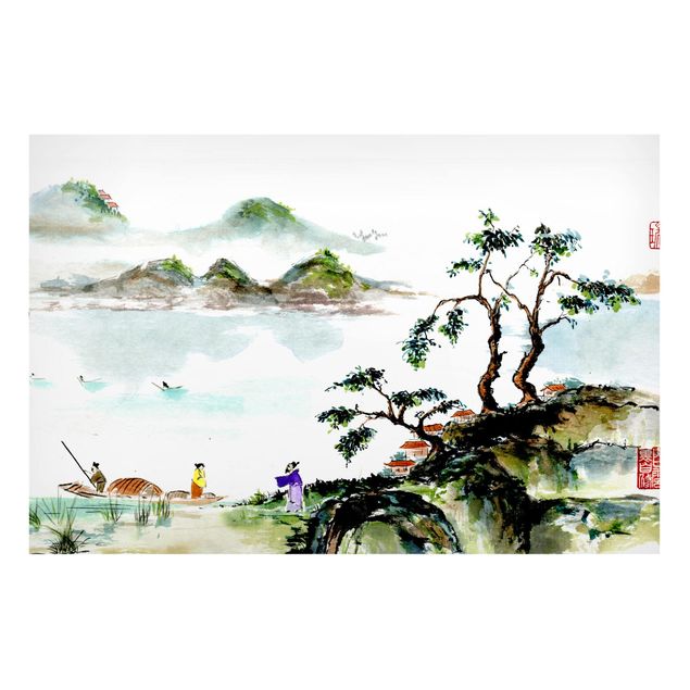 Prints landscape Japanese Watercolour Drawing Lake And Mountains
