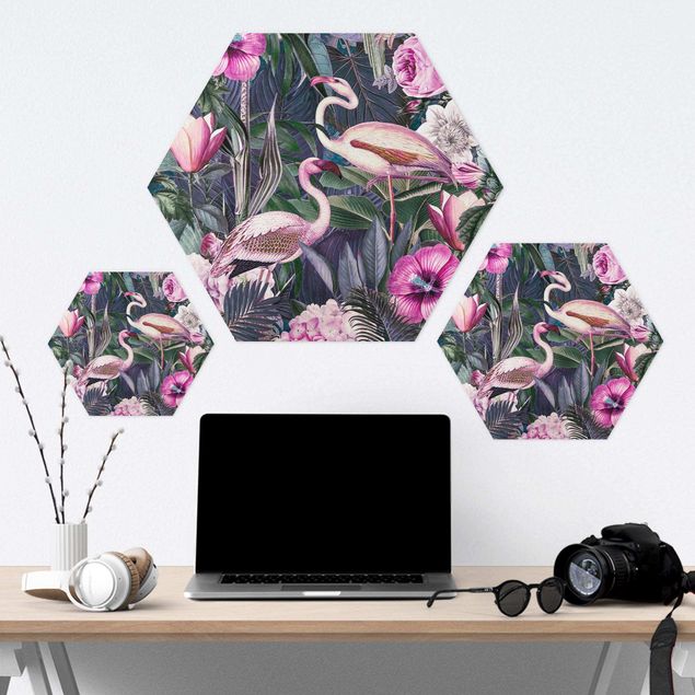 Hexagon photo prints Colorful Collage - Pink Flamingos In The Jungle