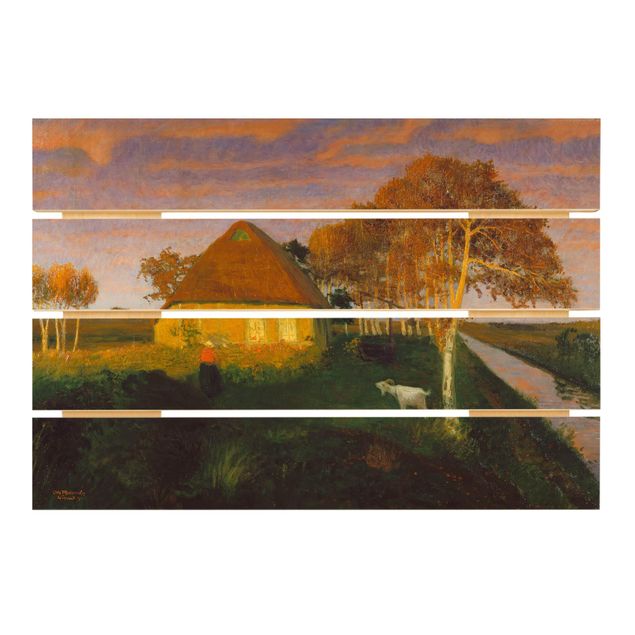 Wood prints landscape Otto Modersohn - Moor Cottage in the Evening Sun