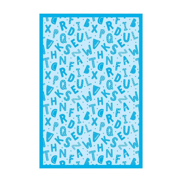 blue area rugs Alphabet With Hearts And Dots In Blue With Frame