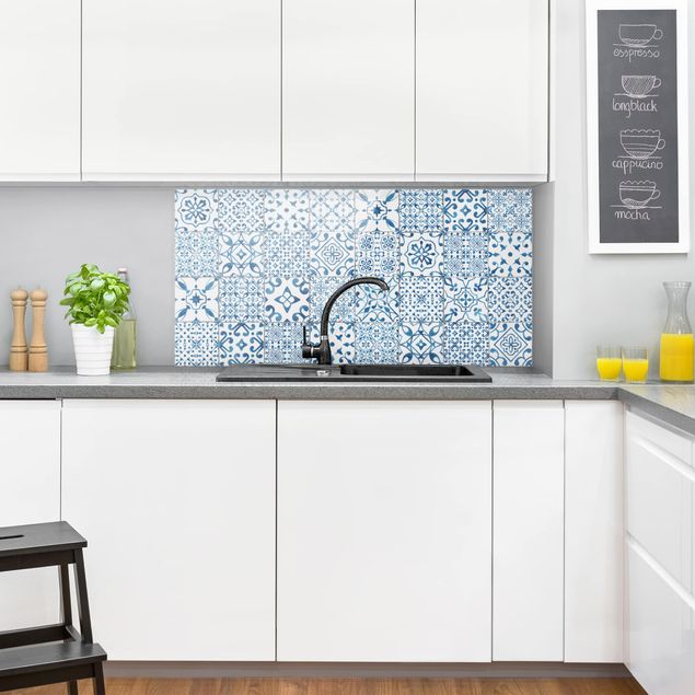 Glass splashback kitchen tiles Pattern Tiles Blue White