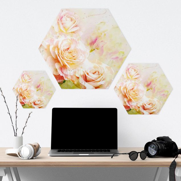 Alu-Dibond hexagon - Watercolour Rose Composition