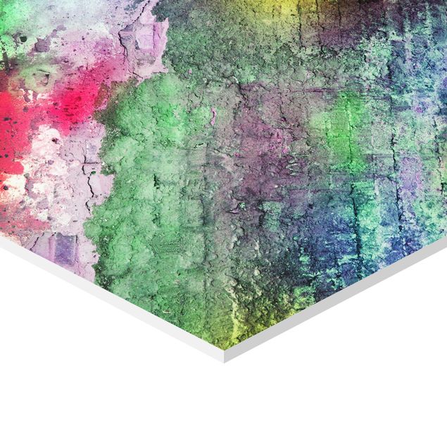 Hexagonal prints Colourful Sprayed Old Brick Wall