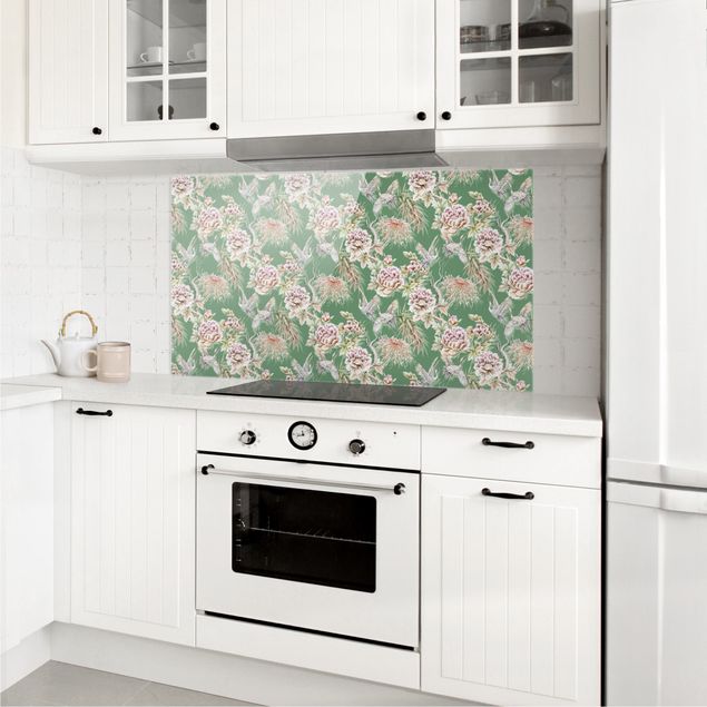 Glass splashback patterns Watercolour Birds With Large Flowers In Front Of Green