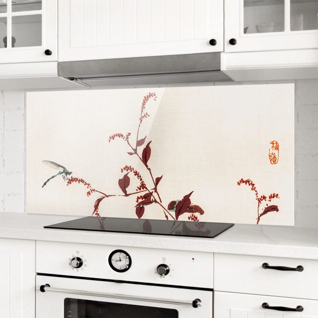 Kitchen Asian Vintage Drawing Red Branch With Dragonfly