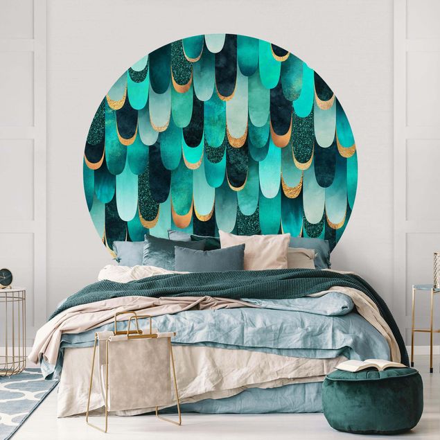 Geometric shapes wallpaper Feathers Gold Turquoise
