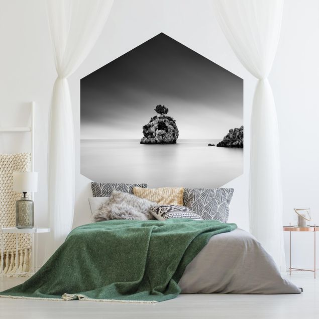 Wall mural beach Rocky Island In The Sea Black And White