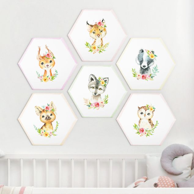 Nursery decoration Watercolour Forest Animals With Flowers Set V