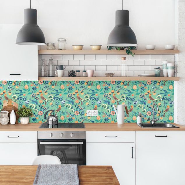Kitchen Indian Pattern Birds with Flowers Turquoise