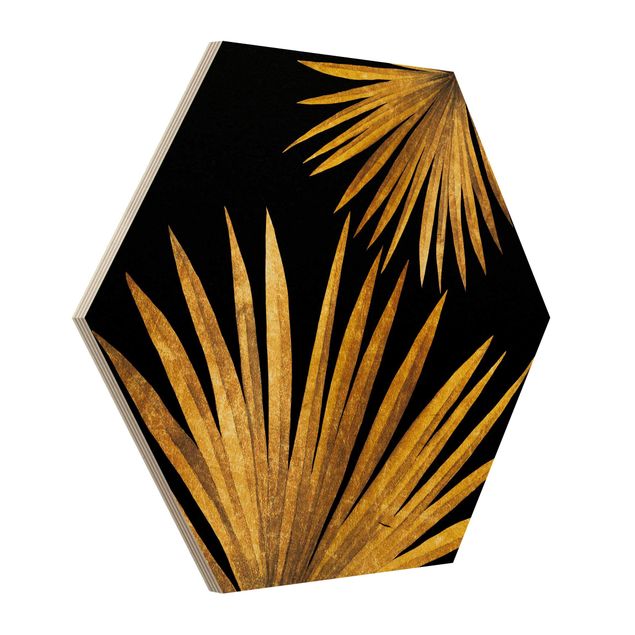 Prints on wood Gold - Palm Leaf On Black