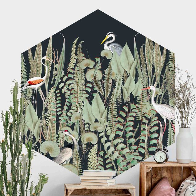 Kitchen Flamingo And Stork With Plants On Green