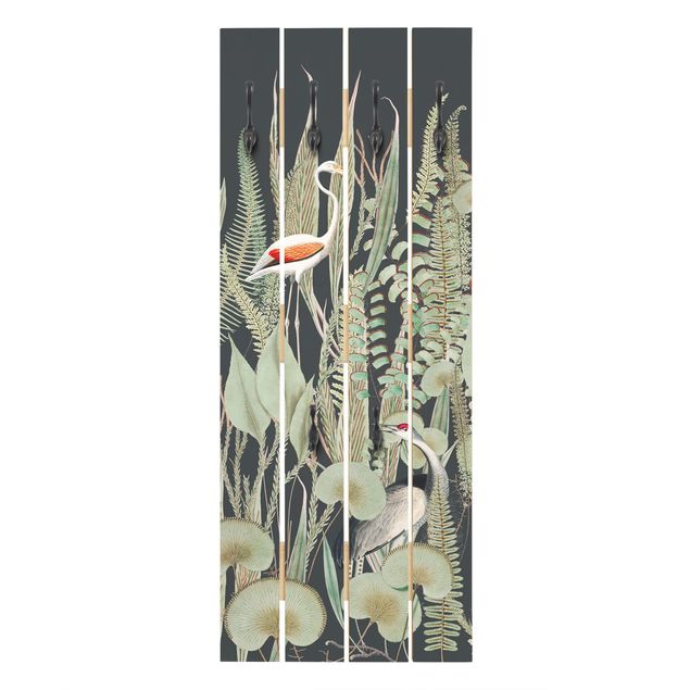 Green coat rack Flamingo And Stork With Plants On Green