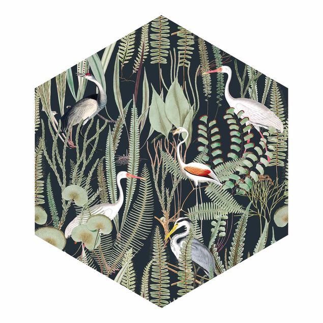 Modern wallpaper designs Flamingos And Storks With Plants On Green