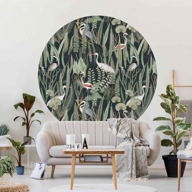 Wallpapers flamingo Flamingos And Storks With Plants On Green