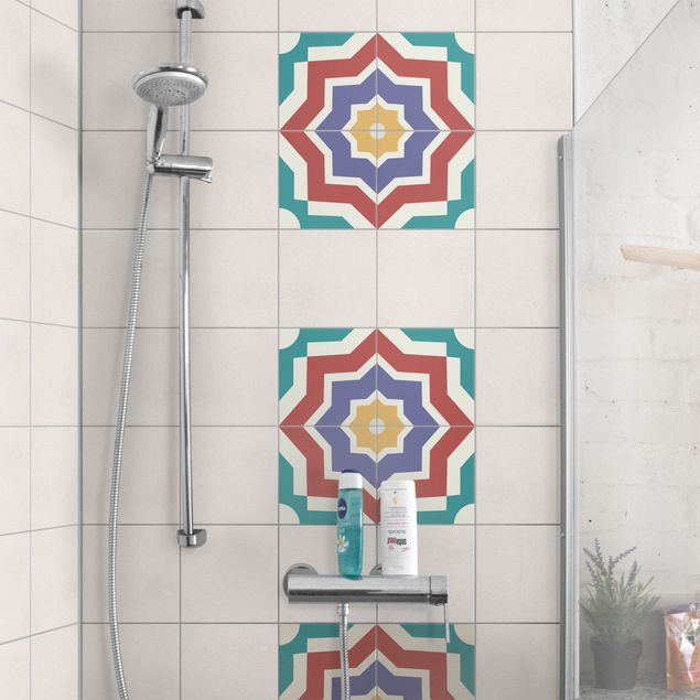 Tile films multicoloured 4 Moroccan tiles star pattern