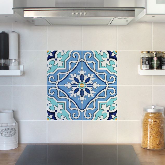 Tile films multicoloured Spanish tile pattern of 4 tiles turquoise