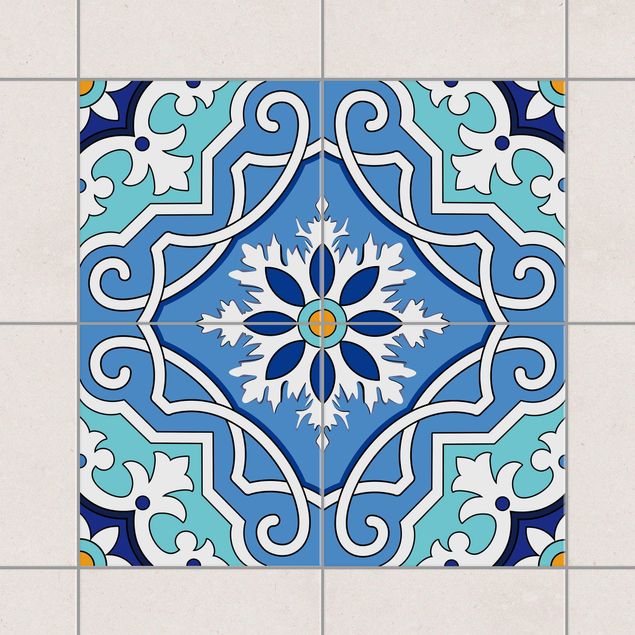 Kitchen Spanish tile pattern of 4 tiles turquoise