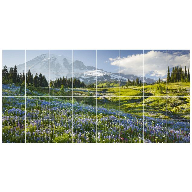 Blue tile films Mountain Meadow With Blue Flowers in Front of Mt. Rainier