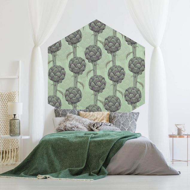 Hexagonal wall mural Floral Elegance Artichoke With Gradient Green XXl